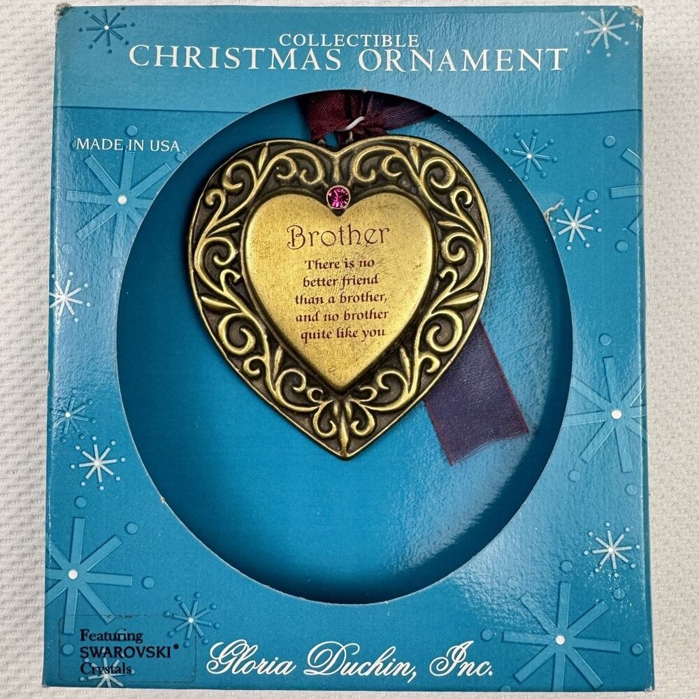 Vtg Brother Christmas Ornament Pewter Heart Swarovski Crystal Gloria Duchin USA - Picture 2 of 12